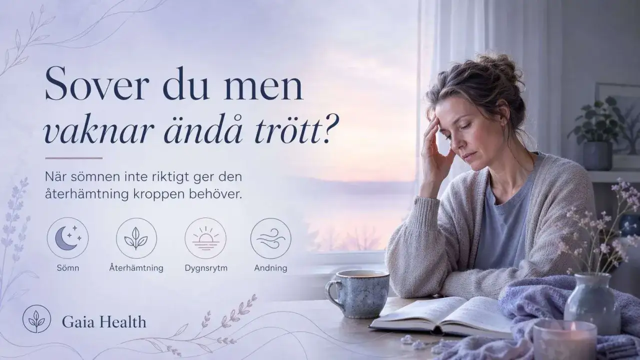 Kvinna med handen mot pannan, trött trots sömn. Bilden antyder vikten av återhämtning för att lugna nervsystemet.