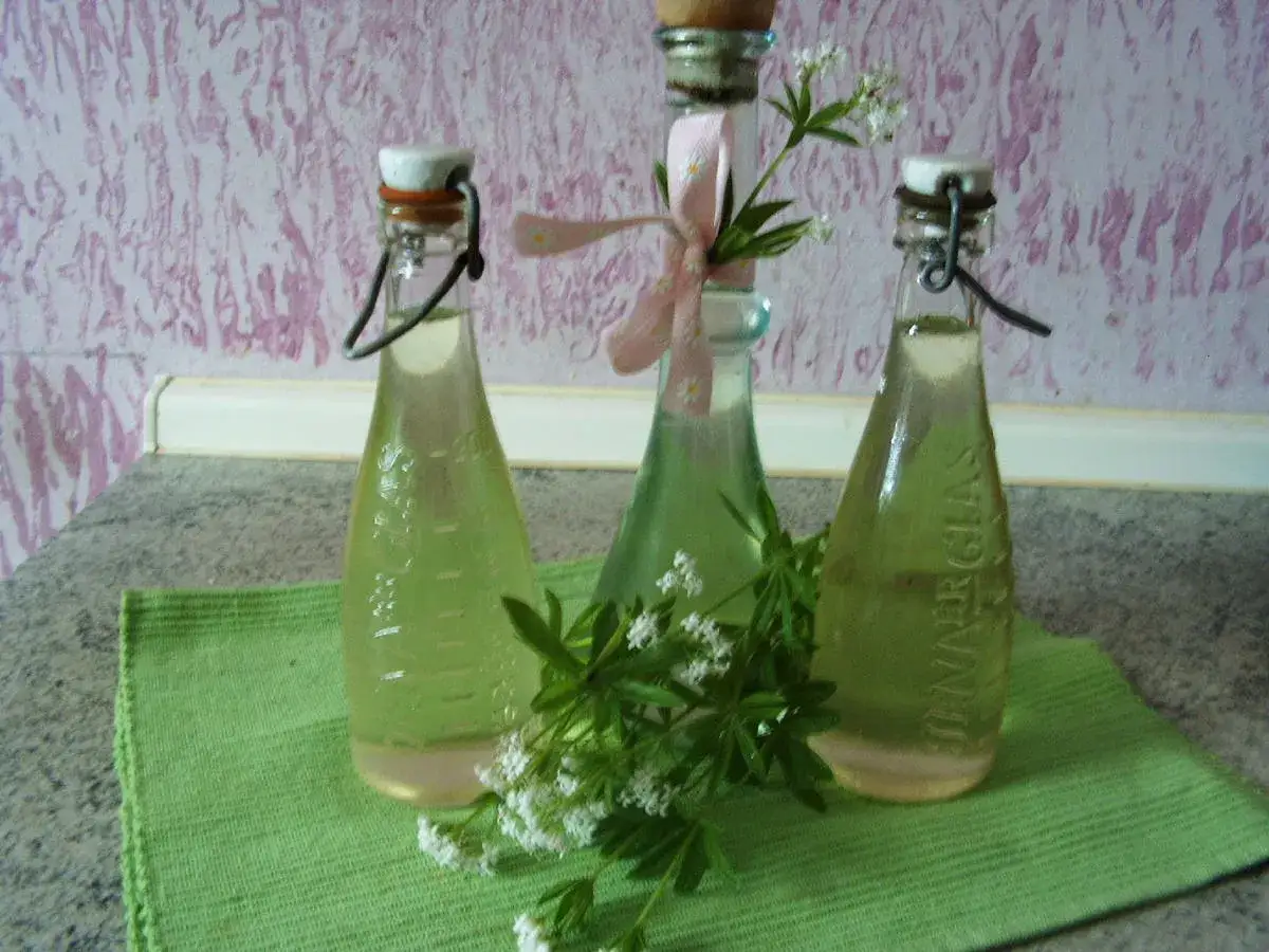 Drei Flaschen mit selbstgemachtem Waldmeistersirup, verziert mit frischem Waldmeister. Ein süßer Genuss für den Sommer.