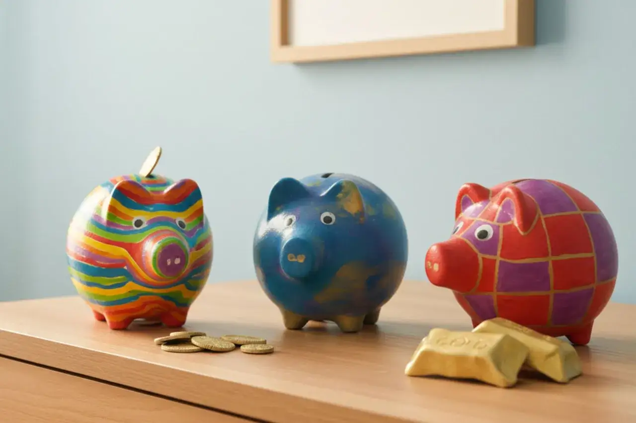 Drei bunte Sparschweine, M&uuml;nzen und Goldbarren auf einem Holztisch. Eine tolle Inspiration, um eine eigene Spardose selber basteln!