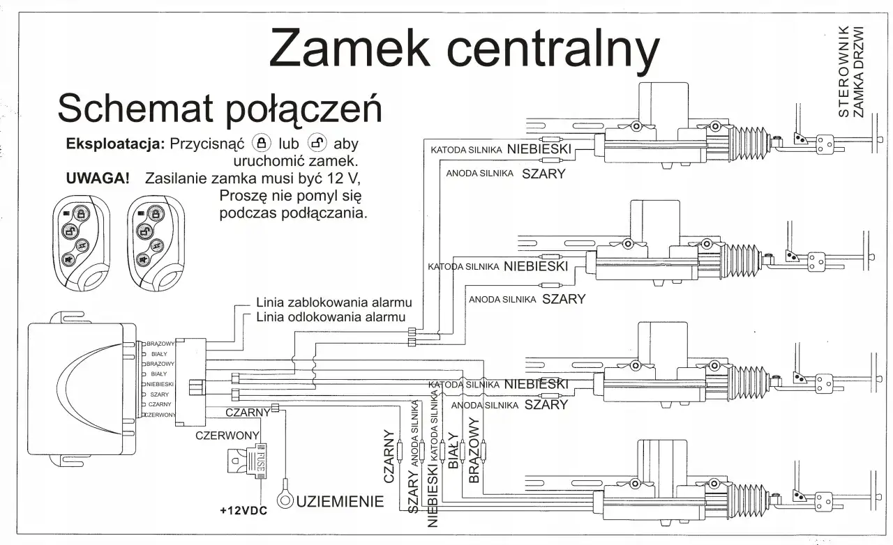 Schemat połączeń centralnego zamka. Instrukcja jak podłączyć zasilanie 12V, siłowniki (niebieski, szary) i sterowniki.