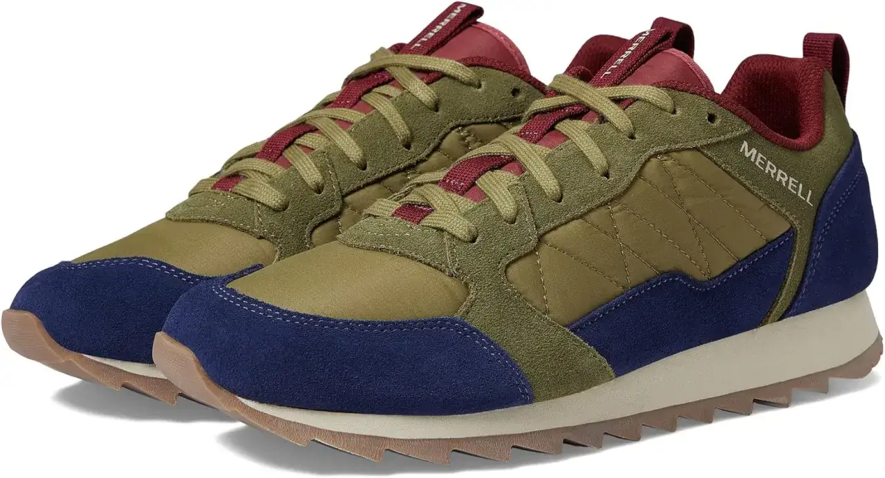 Stylowe buty Merrell alpine hiker w kolorach zieleni, granatu i bordo. Idealne na g&oacute;rskie wędr&oacute;wki i codzienne przygody.
