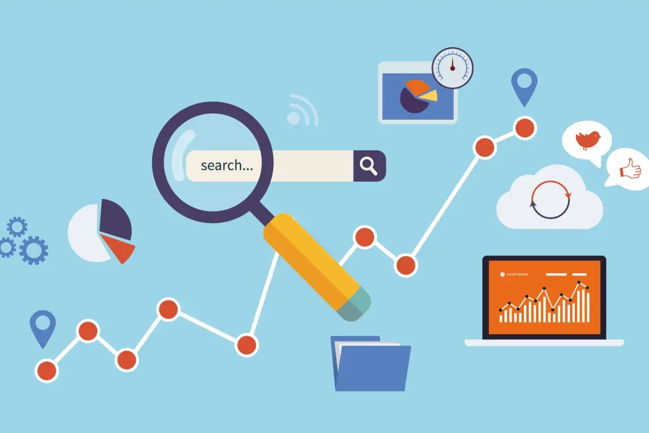 Gr&aacute;ficos, lupa y barra de b&uacute;squeda simbolizan el posicionamiento en Google.