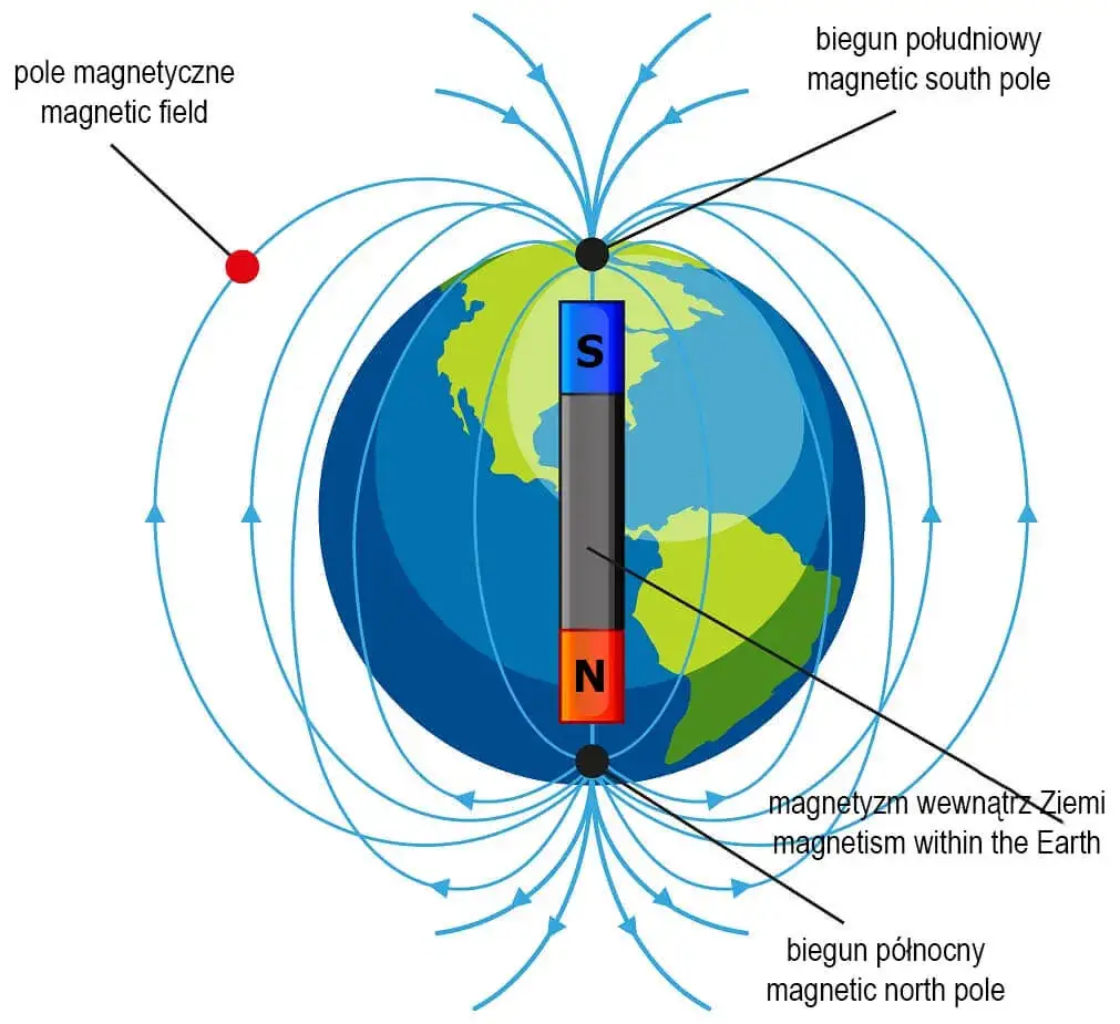 Kompas igła magnetyczna pole magnetyczne Ziemi schemat