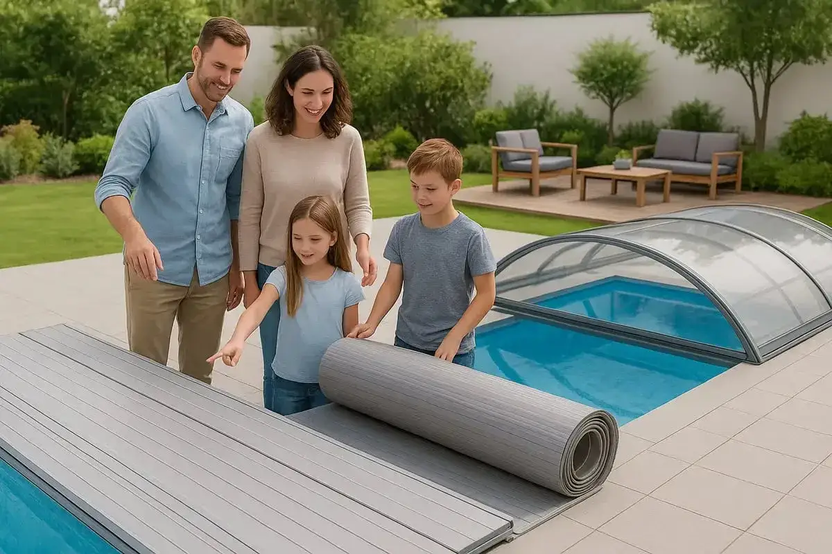Familjen förbereder poolen för en svalkande stund. Snart är det dags för bebis bada i poolen, med solskyddet på plats.