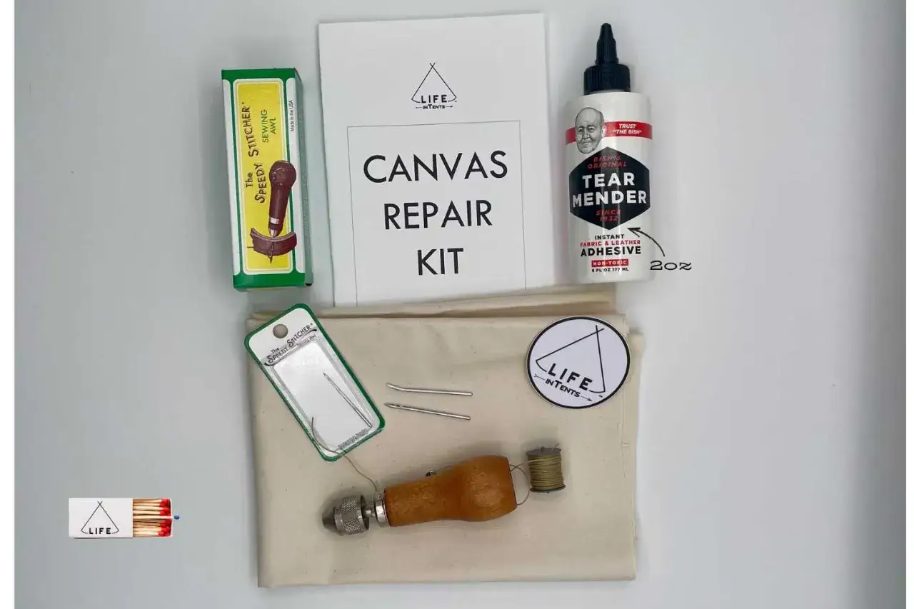 Canvas Repair Kit mit Nadel, Faden, Kleber und Werkzeug zum Zelt flicken.
