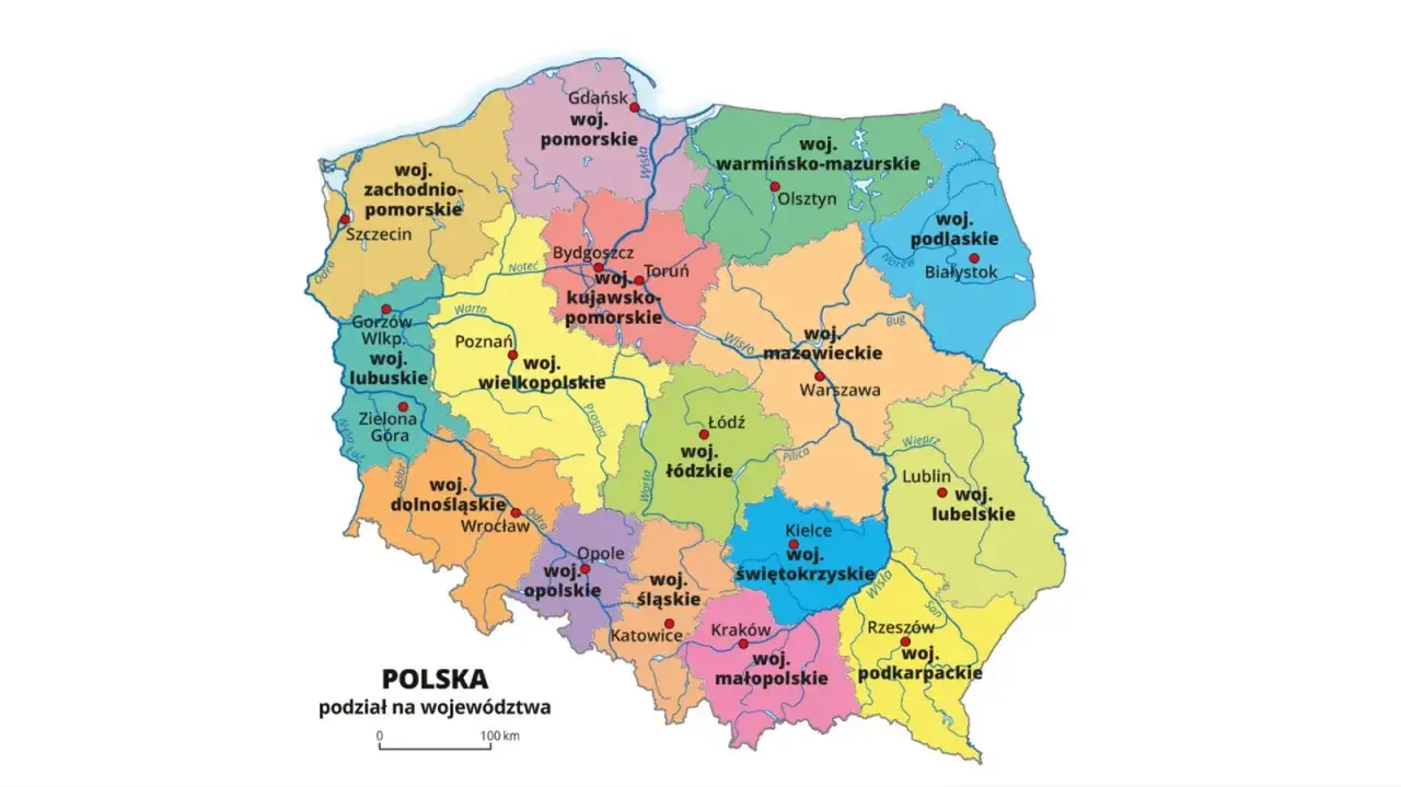 Mapa Polski z zaznaczonym Szczecinem i głównymi miastami