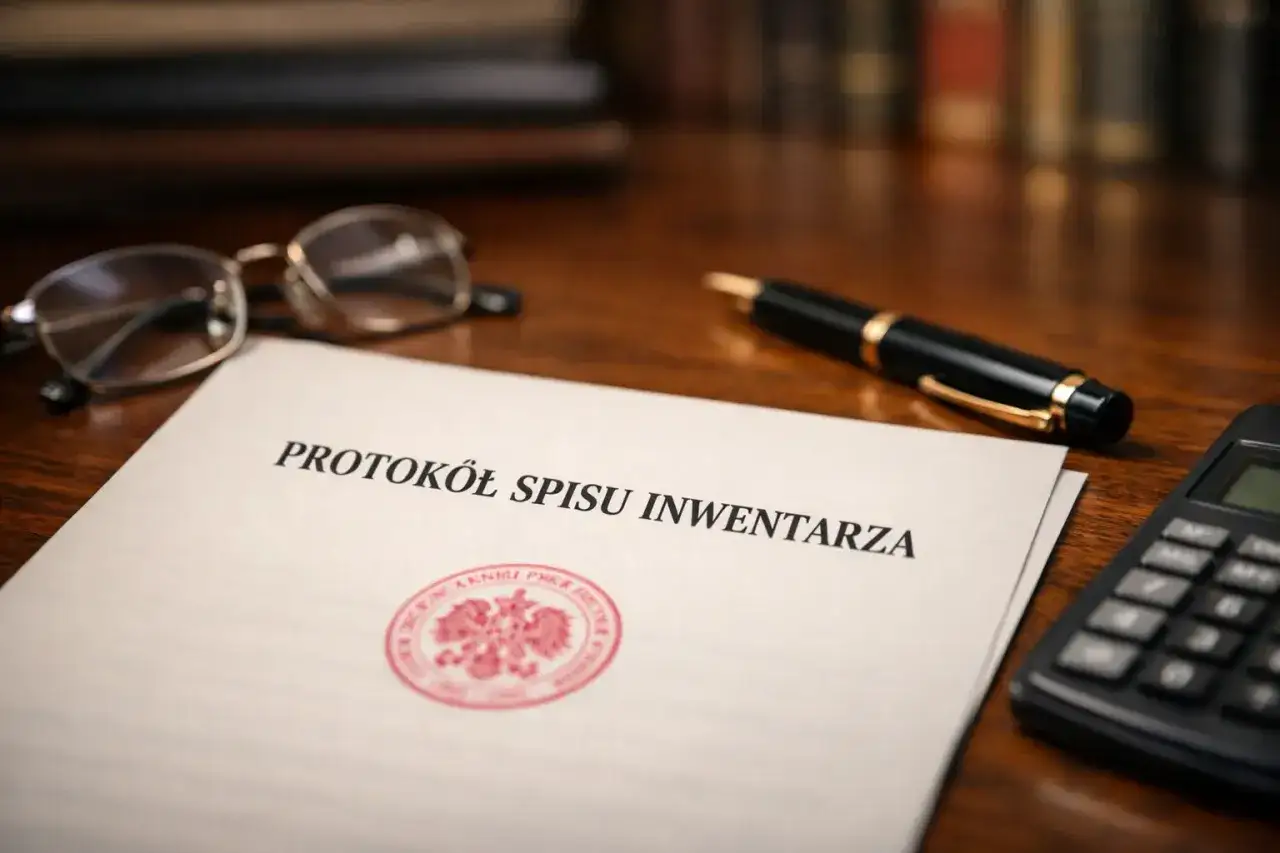Protokół spisu inwentarza, okulary, długopis i kalkulator na biurku. Dokument ten jest kluczowy dla wykaz inwentarza.