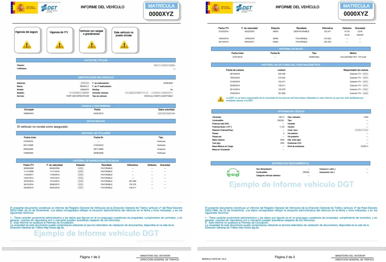 Informe de vehículo DGT con matrícula 0000XYZ. Se indica que el vehículo no consta asegurado y que no puede circular, lo que sugiere un **vehículo con denegatoria** de uso.