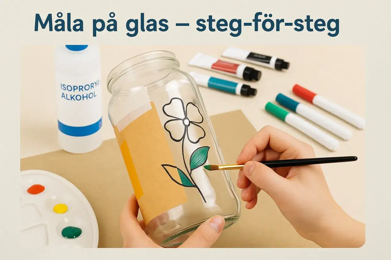 En hand målar en blomma på ett glas med en pensel. Material som alkohol och färgpennor ligger bredvid.