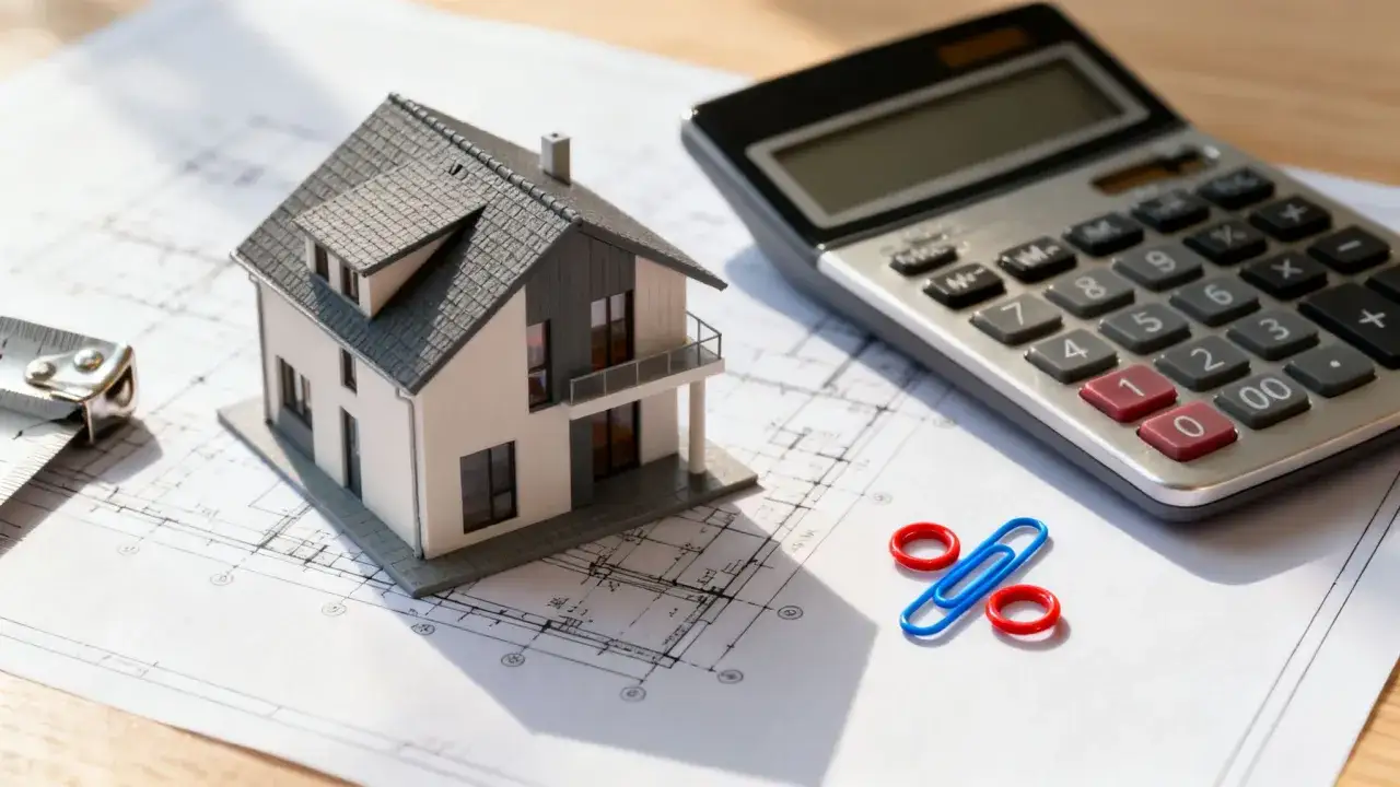 Maqueta de casa sobre planos, calculadora y cinta métrica. Calculando el iva construcción 10 o 21.