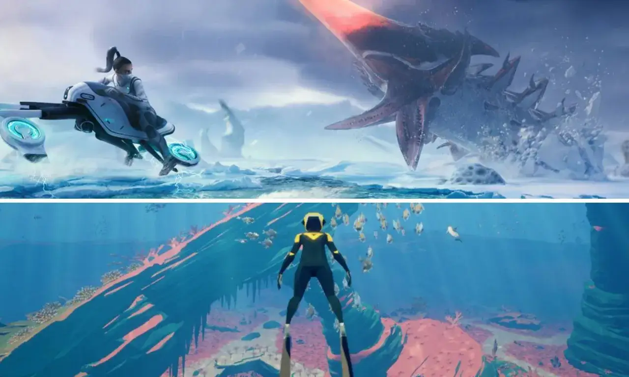 Explora mundos helados y acuáticos en Subnautica 2 PS5. Una exploradora en moto acuática huye de una criatura gigante en el hielo, mientras otra bucea en un vibrante arrecife.