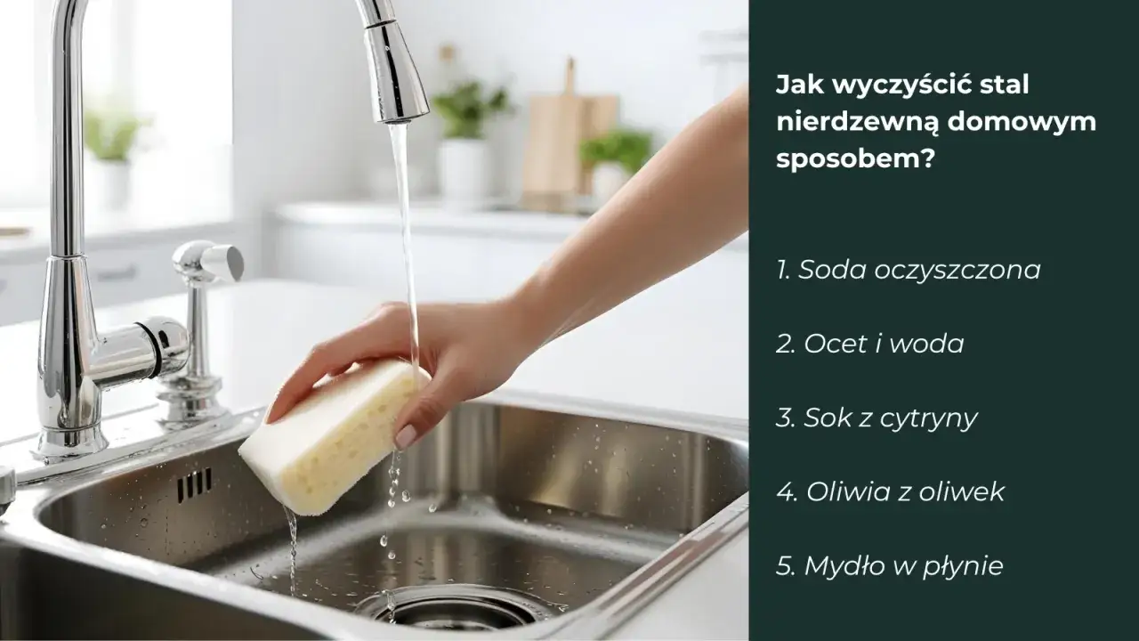 Dłoń z gąbką pod bieżącą wodą czyści stalowy zlew. Poradnik: jak usunąć przebarwienia na stali nierdzewnej domowymi sposobami.