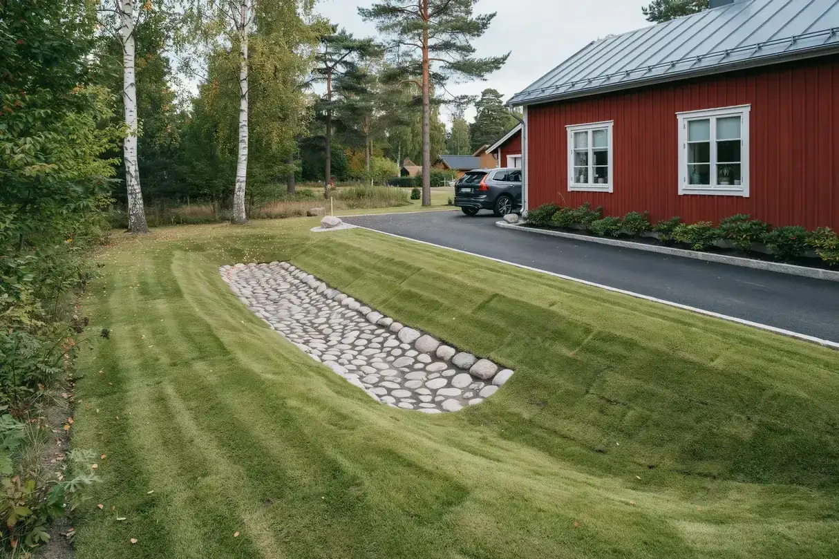 Gräsbeklädd kulvert med stenar, en stenkista avlopp, leder vatten bort från ett rött hus med bil.