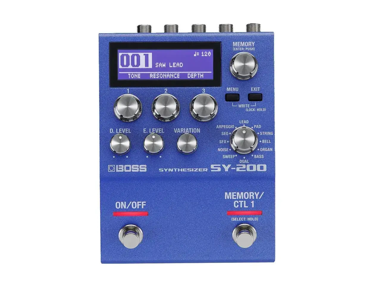 Niebieski efekt gitarowy BOSS SY-200, syntezator z ekranem LCD i licznymi pokrętłami do tworzenia brzmień.