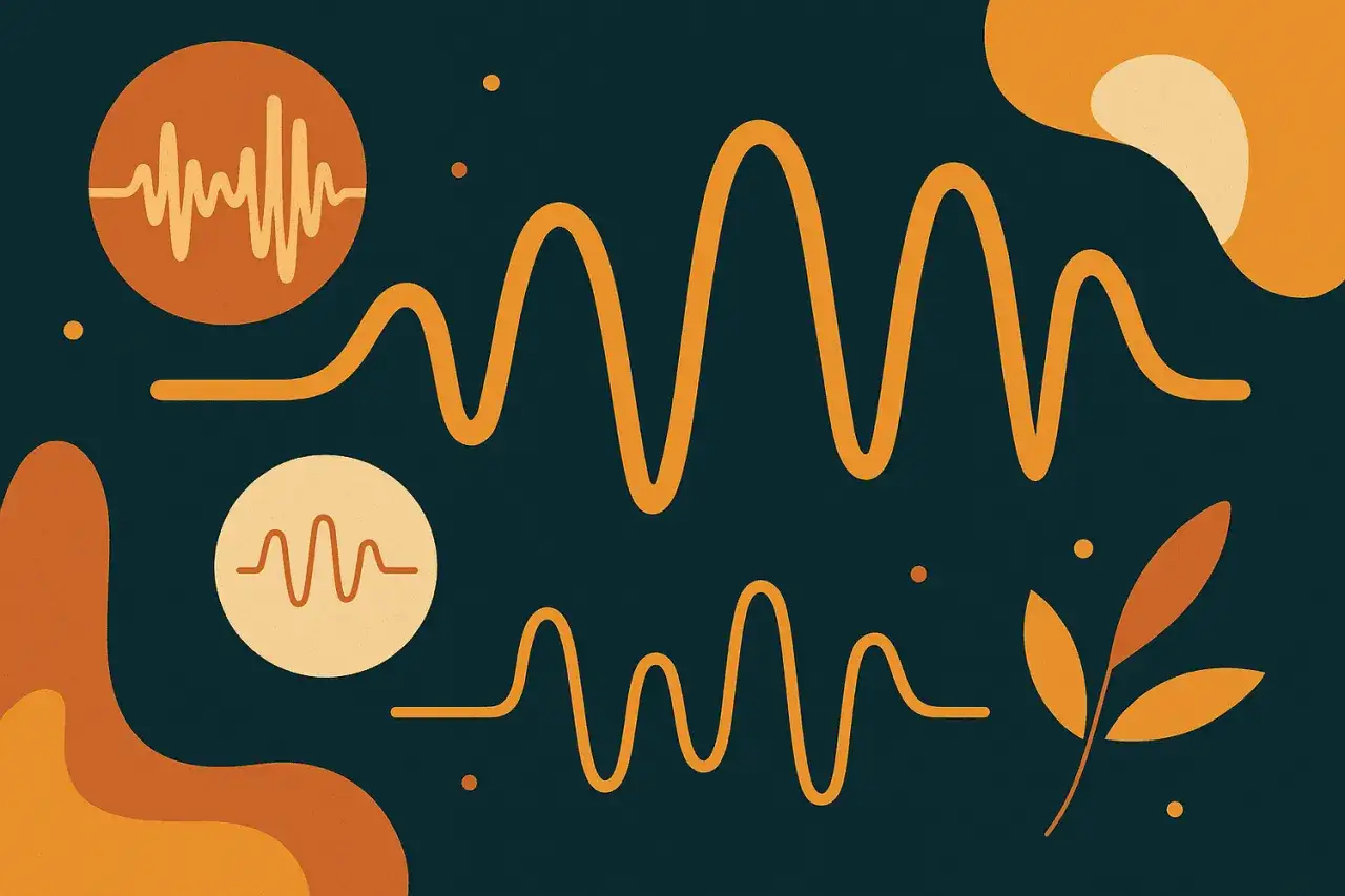 Ondas sonoras abstractas y formas org&aacute;nicas en tonos naranjas y beige sobre fondo azul oscuro. Ideal para audio sin copyright.