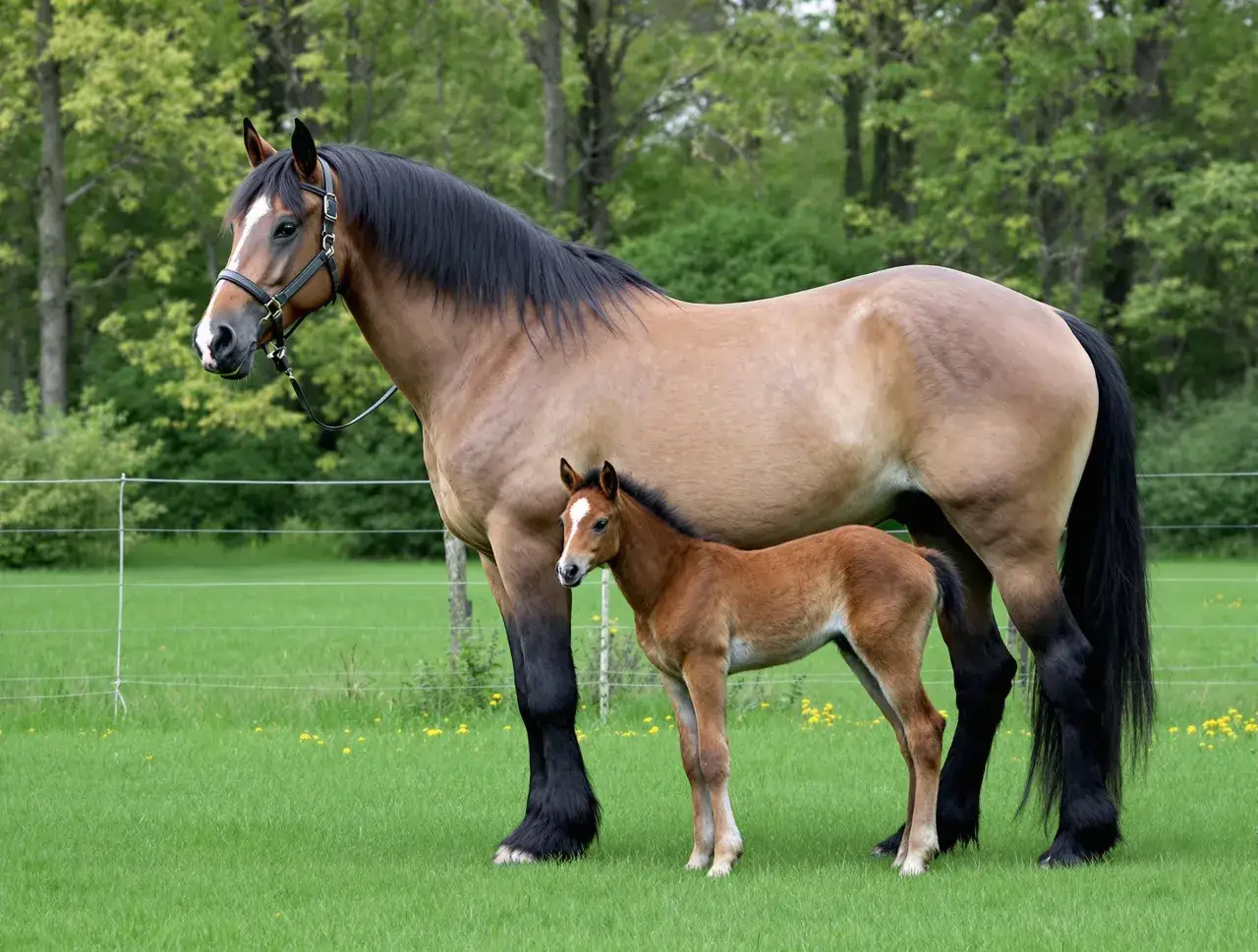Une jument et son poulain, deux magnifiques spécimens d'une même race de chevaux, se tiennent dans un pré verdoyant.
