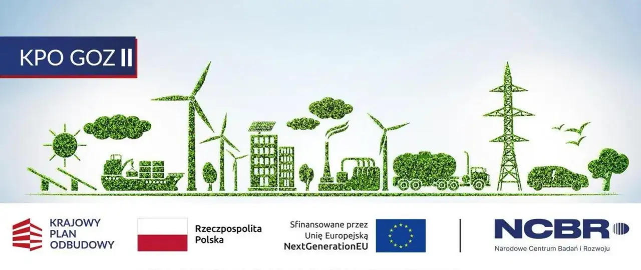 Krajowy plan odbudowy: zielona energia, transport i przemysł. Grafika przedstawia elementy ekologiczne, symbolizujące transformację.
