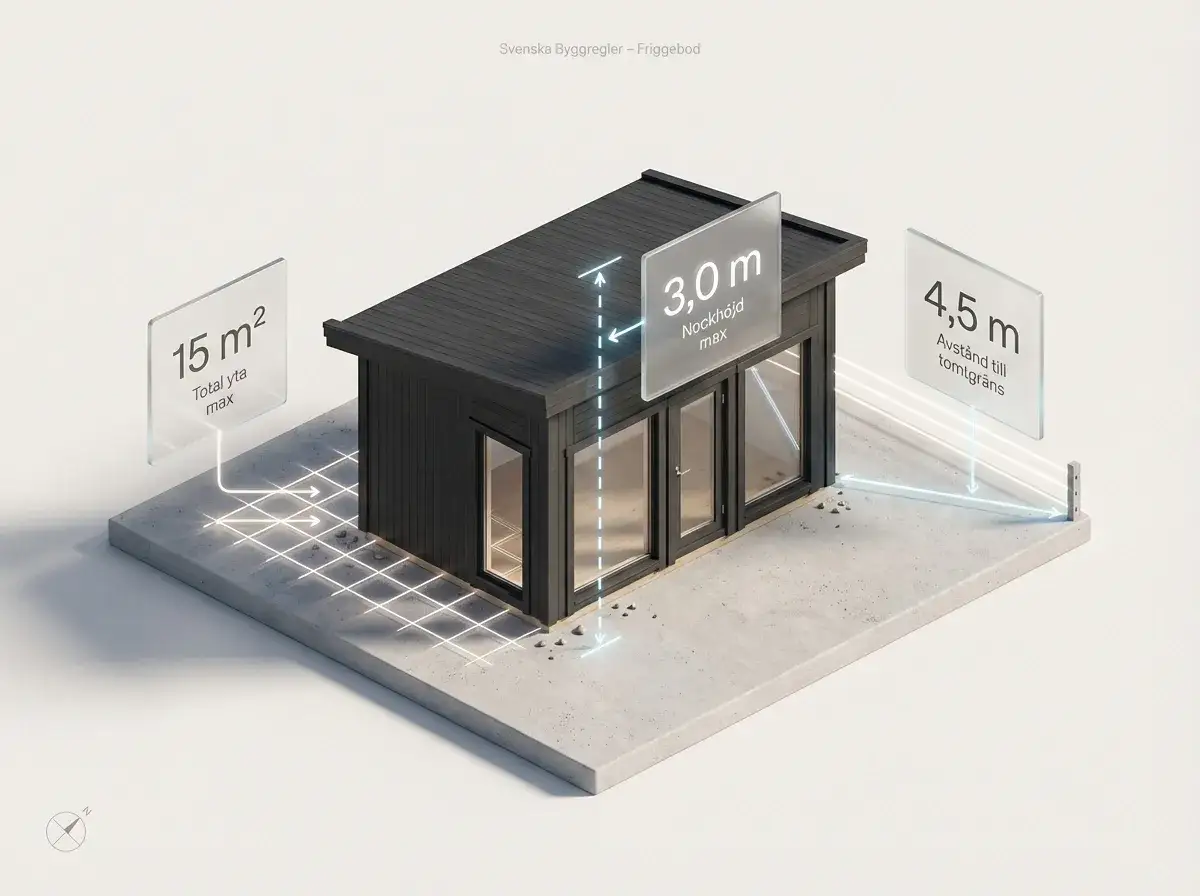 En illustration som visar regler f&ouml;r att bygga friggebod: max 15 m&sup2; total yta, 3 m nockh&ouml;jd och 4,5 m avst&aring;nd till tomtgr&auml;ns.