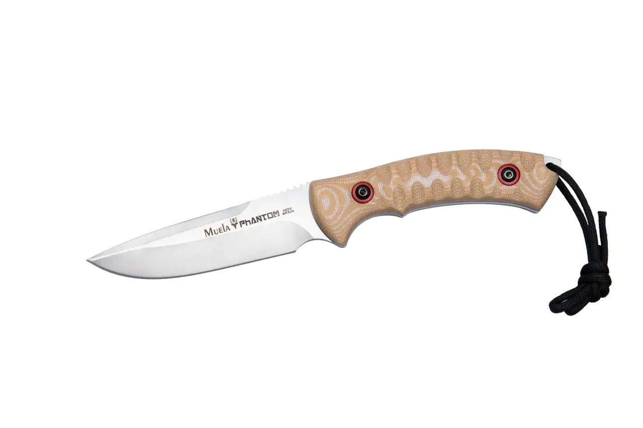 Cuchillo Muela Phantom con mango de micarta texturizada y cord&oacute;n negro.