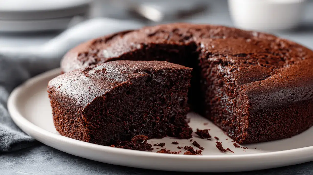 Un délicieux gâteau sans beurre, d'un brun intense, est servi sur une assiette blanche. Une part a été retirée, révélant sa texture moelleuse.