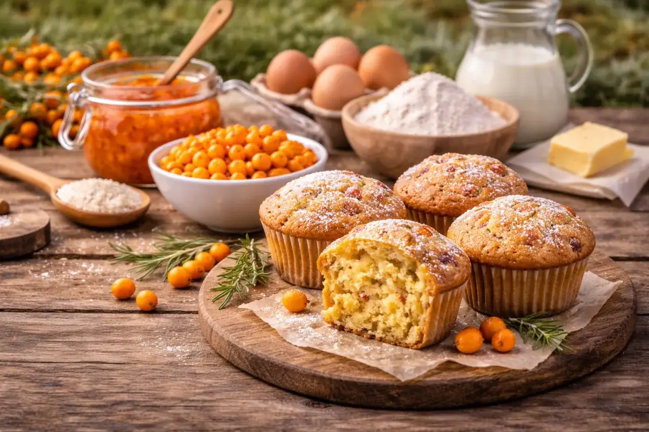 Sanddorn-Muffins mit Puderzucker, frischen Beeren und Rosmarin. So schmeckt Sanddorn: leicht s&auml;uerlich, fruchtig und erfrischend.