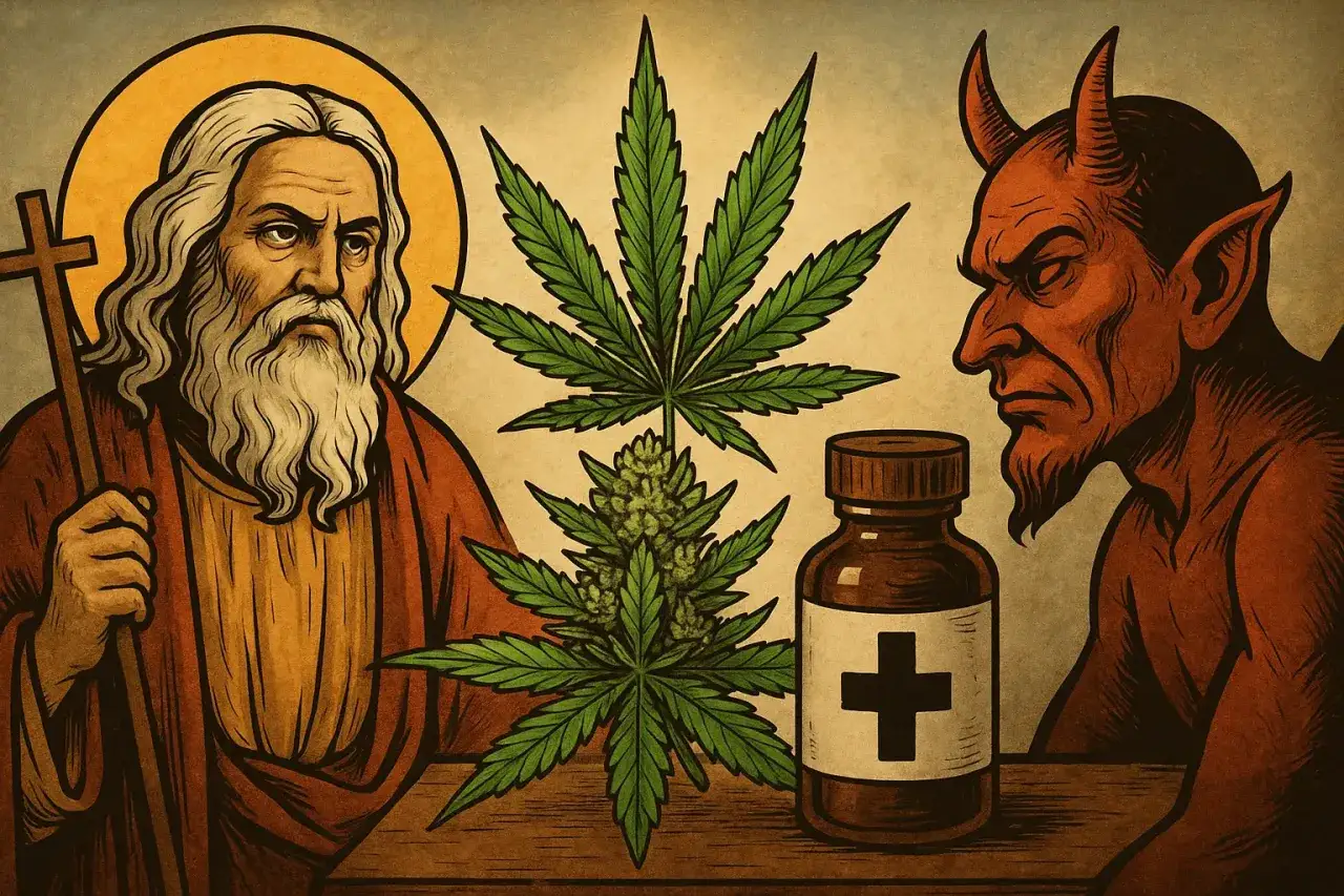 A saintly figure and a devilish figure face a cannabis plant and a bottle with a cross, sparking debate: can Christians smoke weed?