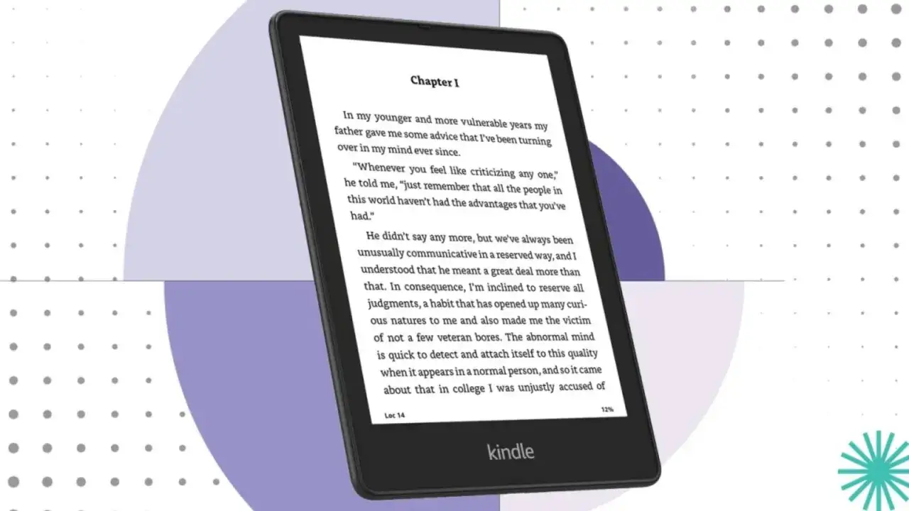 Un e-reader Kindle affiche un extrait du chapitre 1 d'un livre, pr&ecirc;t &agrave; partager.