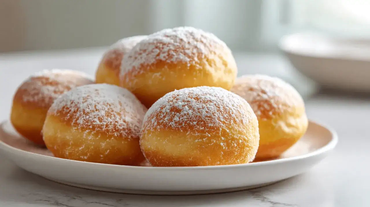 Saftige Krapfen im Airfryer, mit Puderzucker best&auml;ubt, auf einem Teller angerichtet.