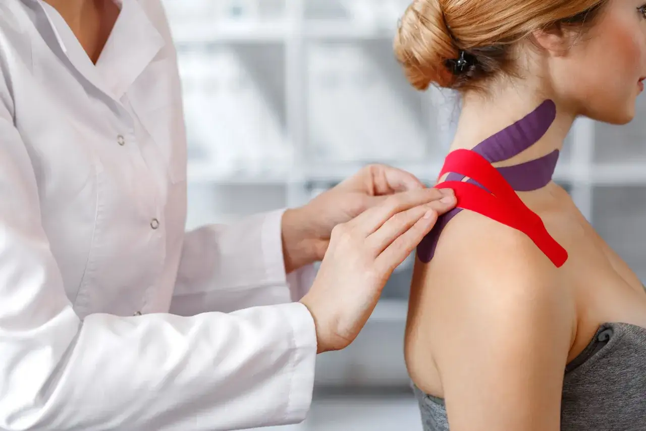 Fizjoterapeuta aplikuje czerwoną taśmę na ramieniu pacjentki z fioletowymi plastrami na szyi. Ważne są kinesiotaping przeciwwskazania.