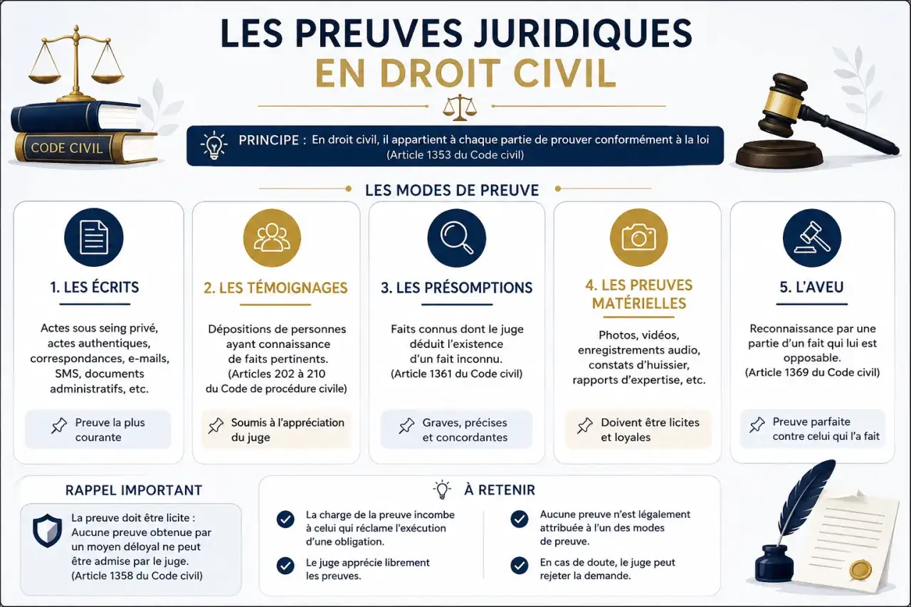Infographie sur les preuves juridiques en droit civil. La charge de la preuve incombe à celui qui réclame l'exécution d'une obligation.