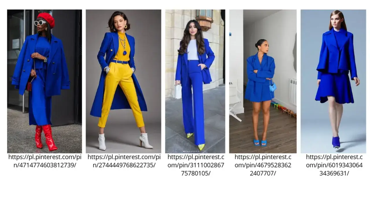 stylizacja color blocking chabrowy garnitur i pomarańczowa bluzka