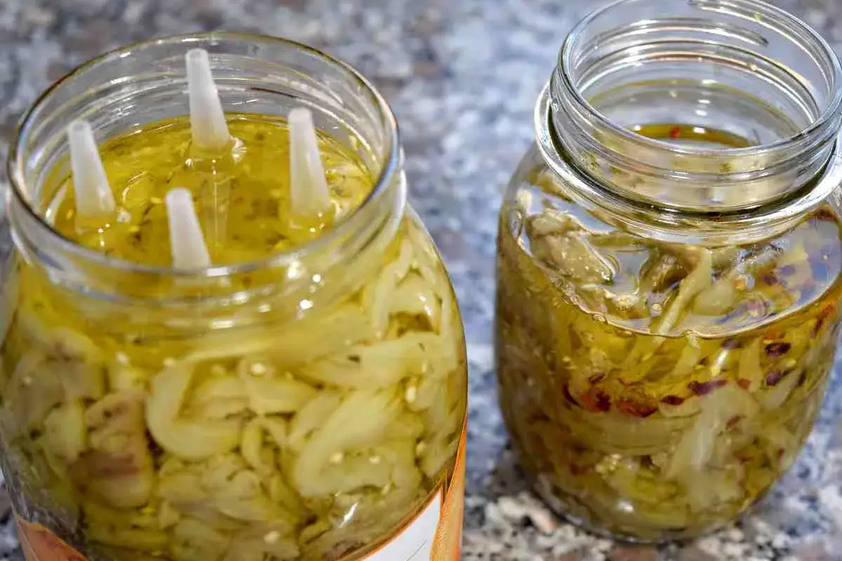Melanzane sott'olio, un classico della ricetta pugliese, conservate in barattoli di vetro con olio d'oliva e spezie.