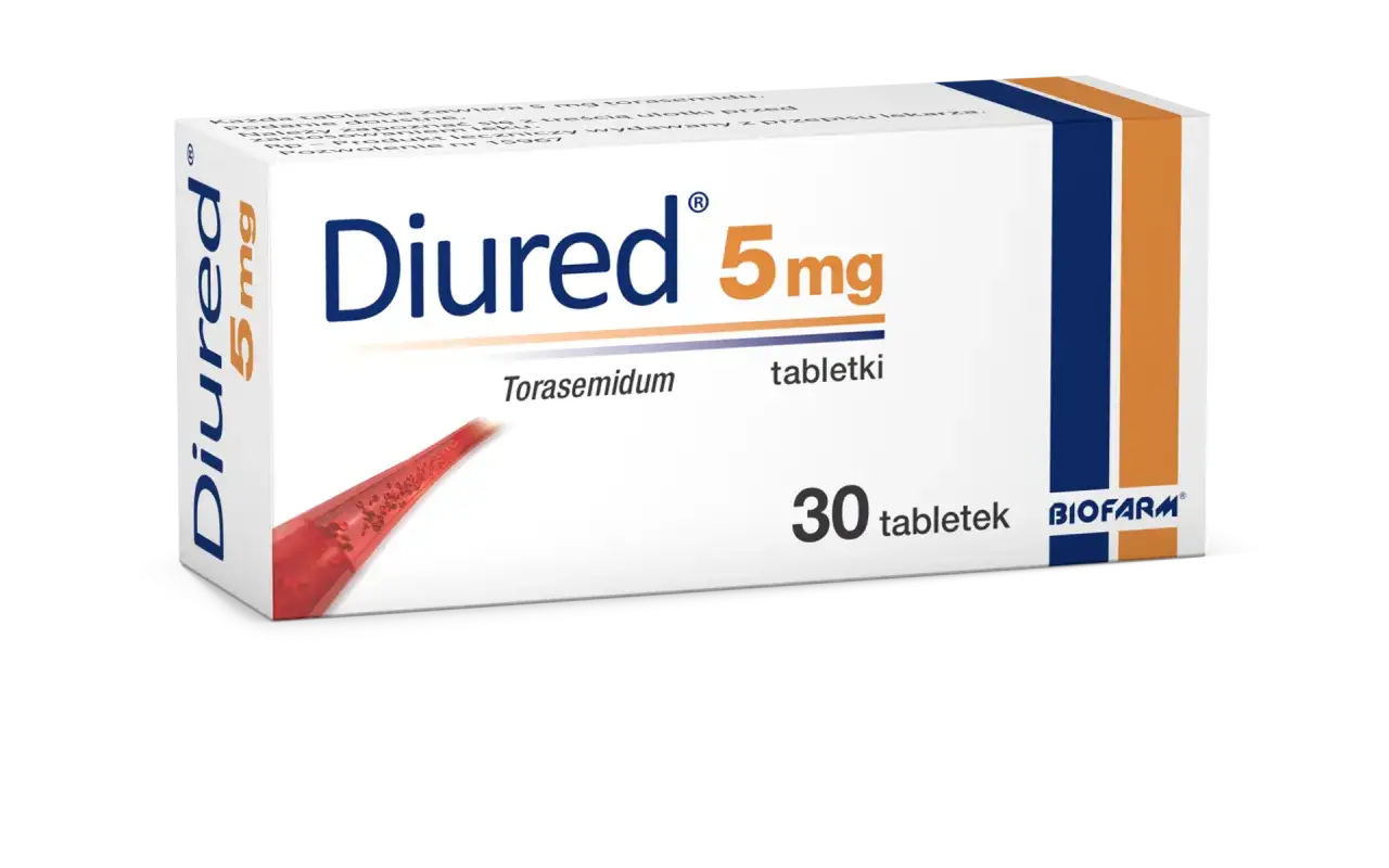 Opakowanie leku Diured 5mg z torasemidem, stosowanego w leczeniu obrzęków i nadciśnienia.