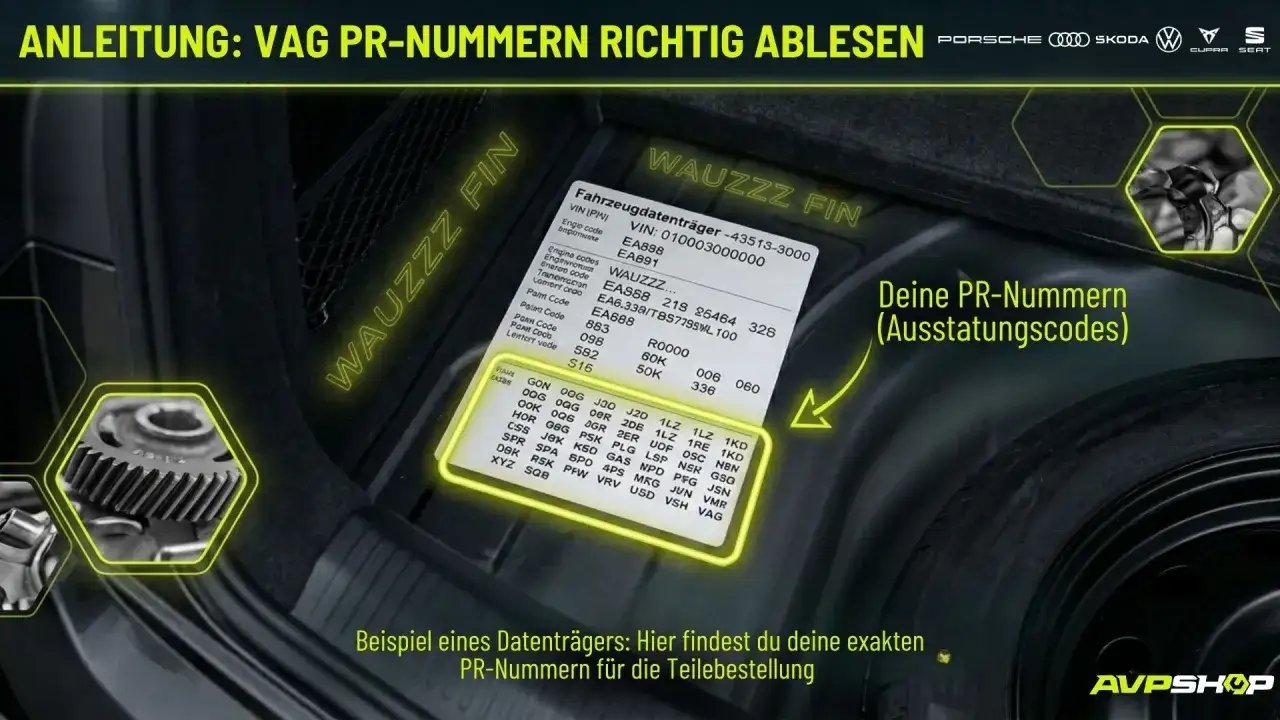 Anleitung zum Ablesen von VAG PR-Nummern (Ausstattungscodes) auf einem Fahrzeugdatenträger.