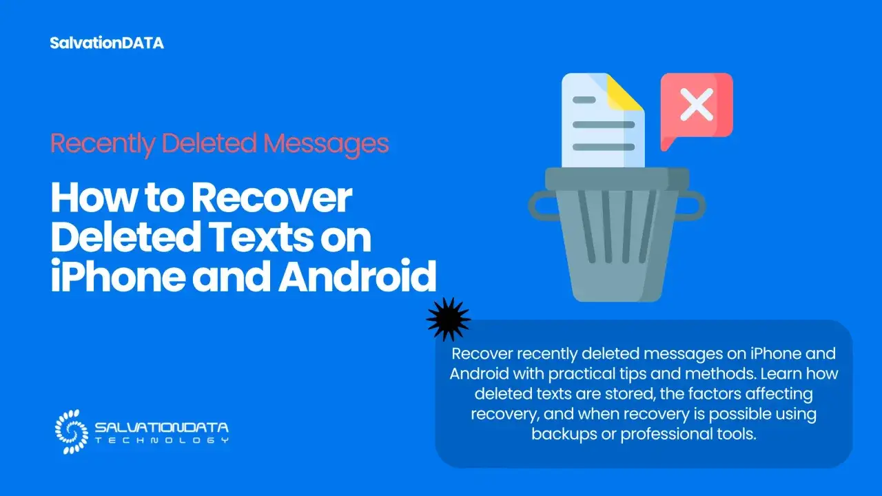 Jak odzyskać usunięte wiadomości z iPhone'a i Androida? Poradnik od SalvationDATA. Ikona kosza na śmieci z dokumentem i krzyżykiem.