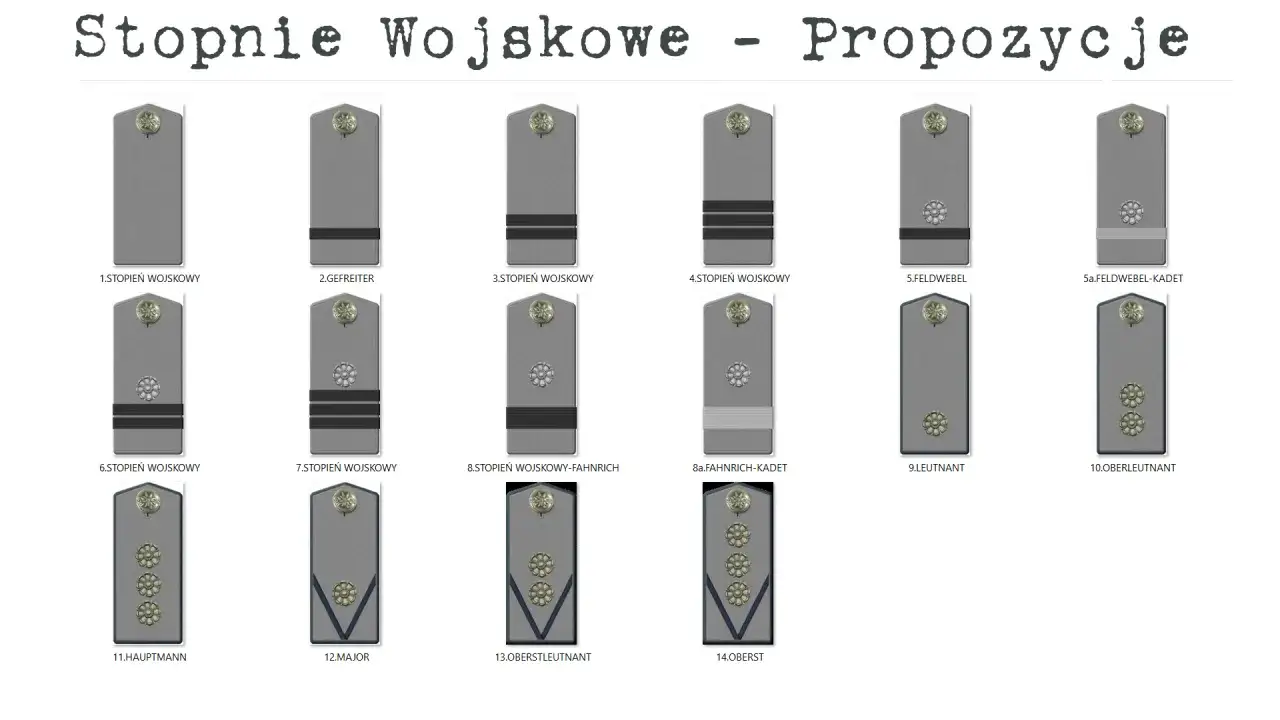 Zestawienie proponowanych oznaczeń wojskowych z nazwami stopni, od szeregowego po pułkownika.