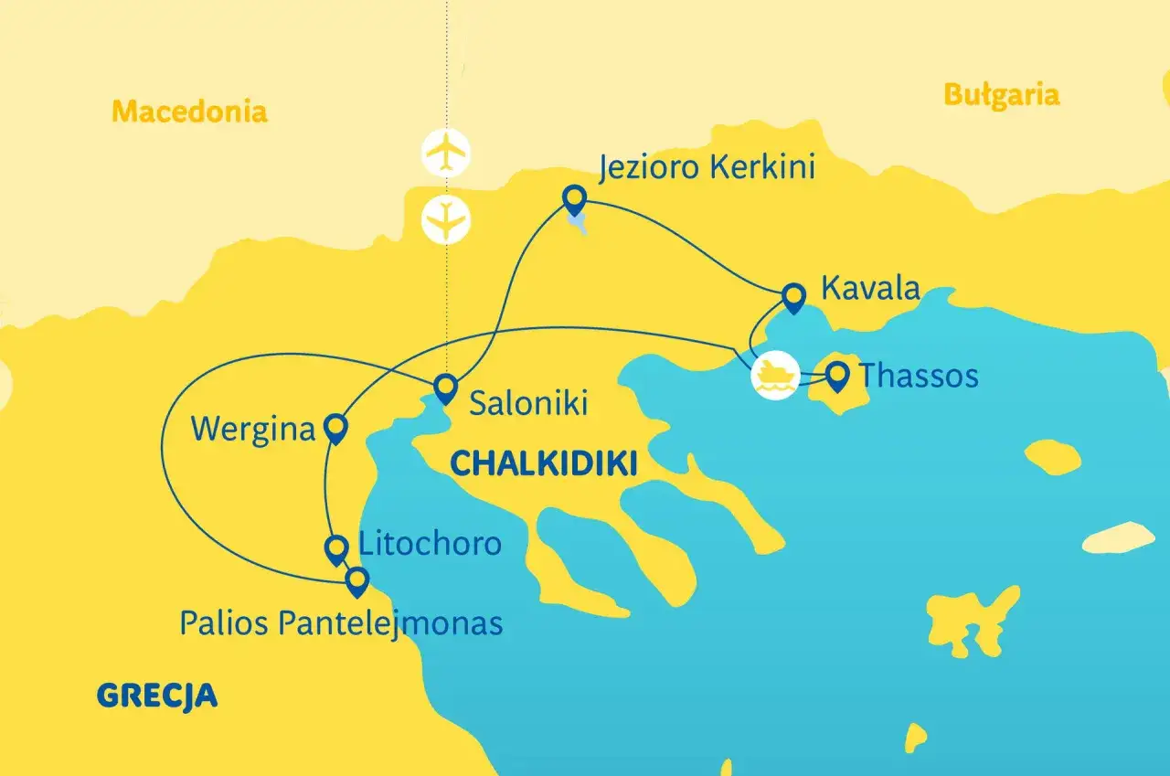 Mapa Grecji pokazuje, z kim graniczy Grecja: Macedonia i Bułgaria. Zaznaczone miejsca to Saloniki, Kavala, Thassos, Jezioro Kerkini, Vergina, Litochoro, Palios Panteleimonas.