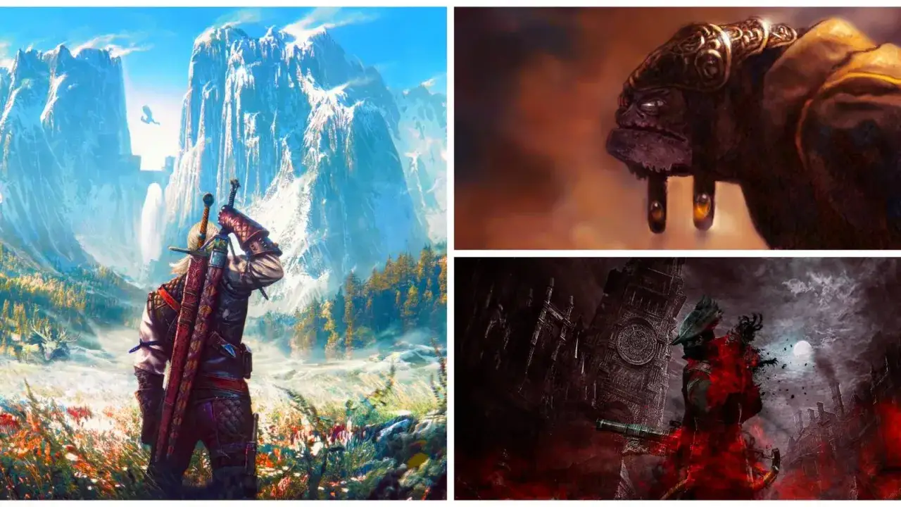Geralt na tle gór, potwór i mroczna postać. Szukasz gier podobnych do Wiedźmin 3?