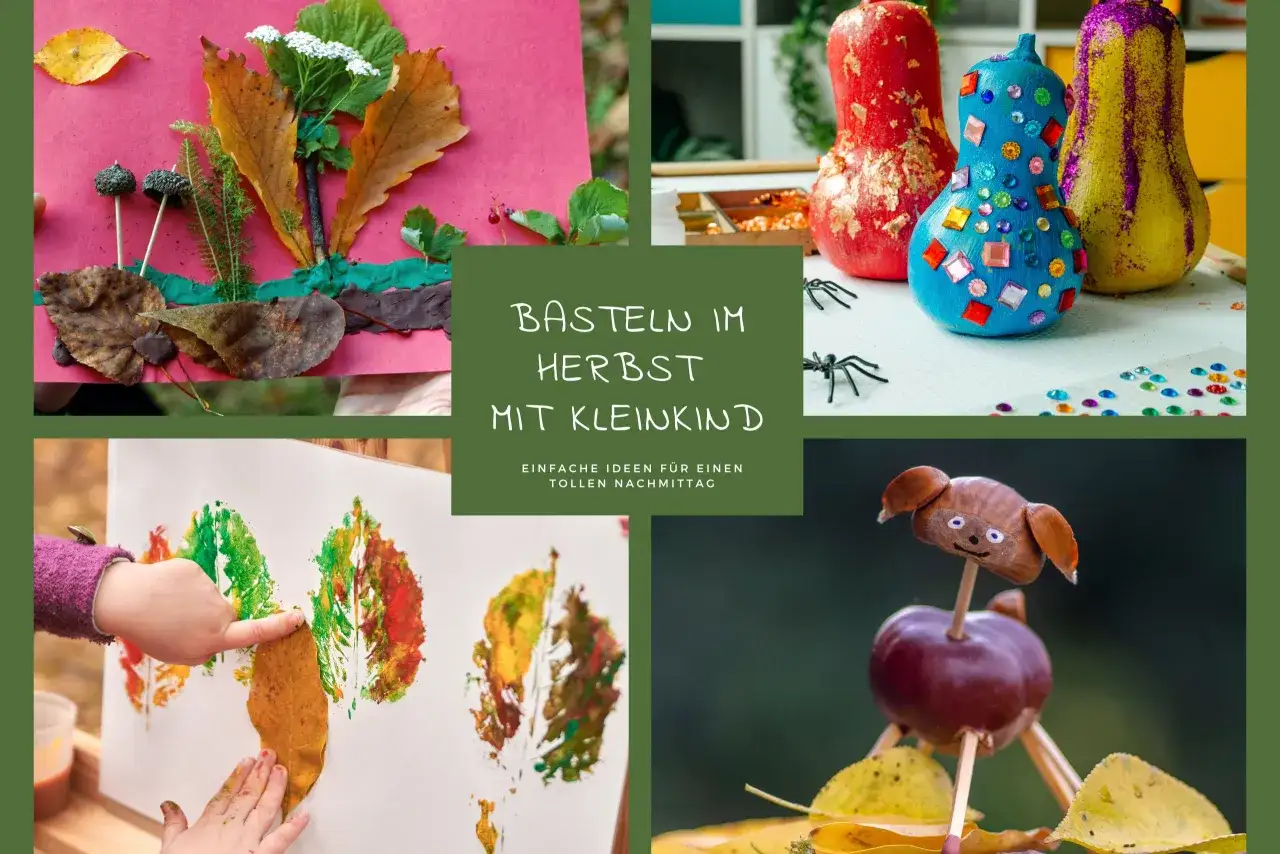Kreatives Basteln im Herbst mit Kindern: Bl&auml;tterdruck, bemalte K&uuml;rbisse und Kastanientiere. Tolle Ideen f&uuml;r einen bunten Nachmittag!