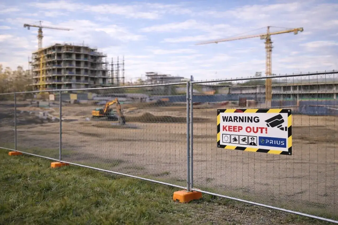Varning! Larm på byggarbetsplatsen. Stängsel med skylt