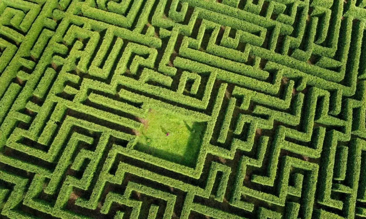 Vista aérea de un laberinto de setos verdes. En el centro, un claro de hierba con una persona. Las reseñas del laberinto de Villapresente destacan su intrincado diseño.