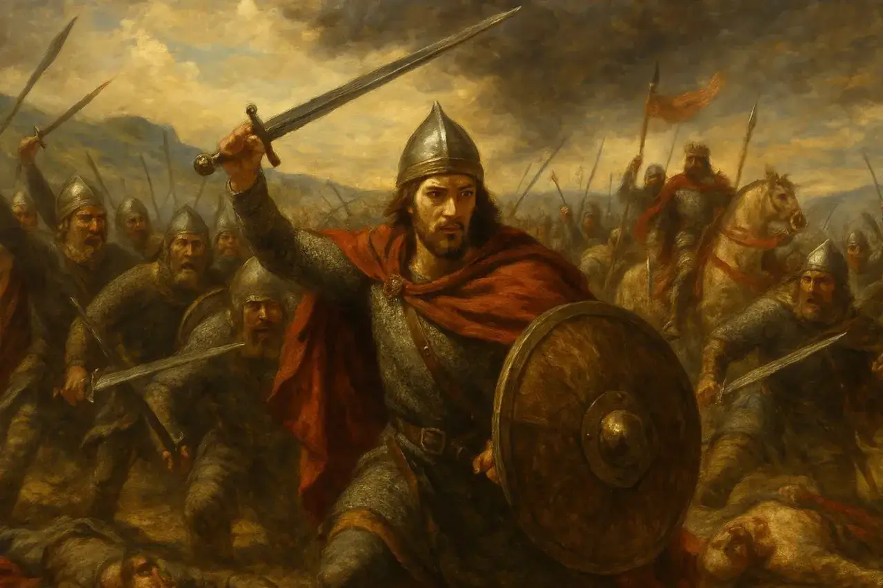 Un guerriero con spada e scudo guida la battaglia, evocando la drammatica **adelchi trama** di un conflitto epico.