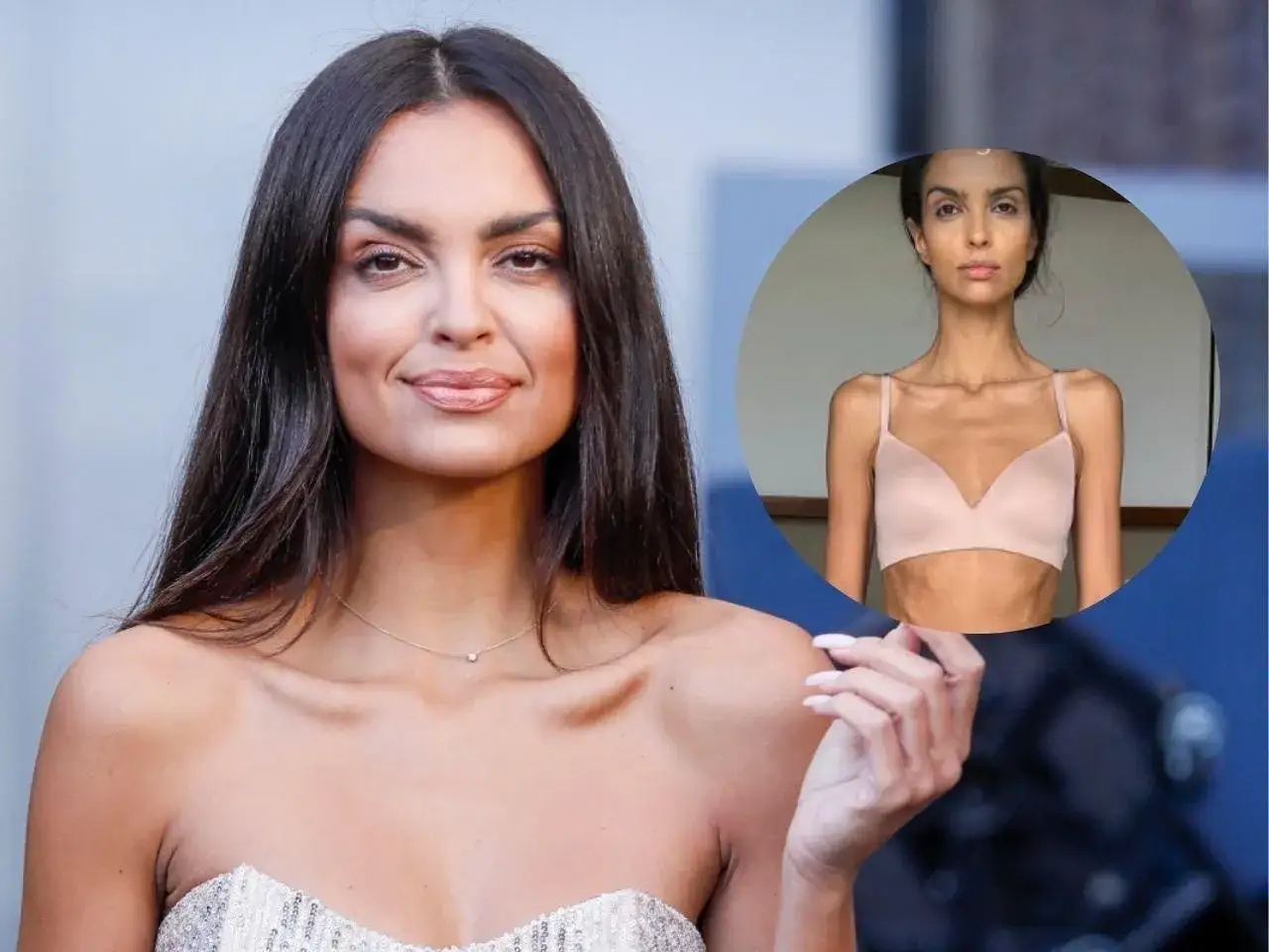 Klaudia El Dursi Top Model. Obok jej uśmiechniętej twarzy widać zdjęcie z jej przeszłości, gdy była bardzo szczupła.