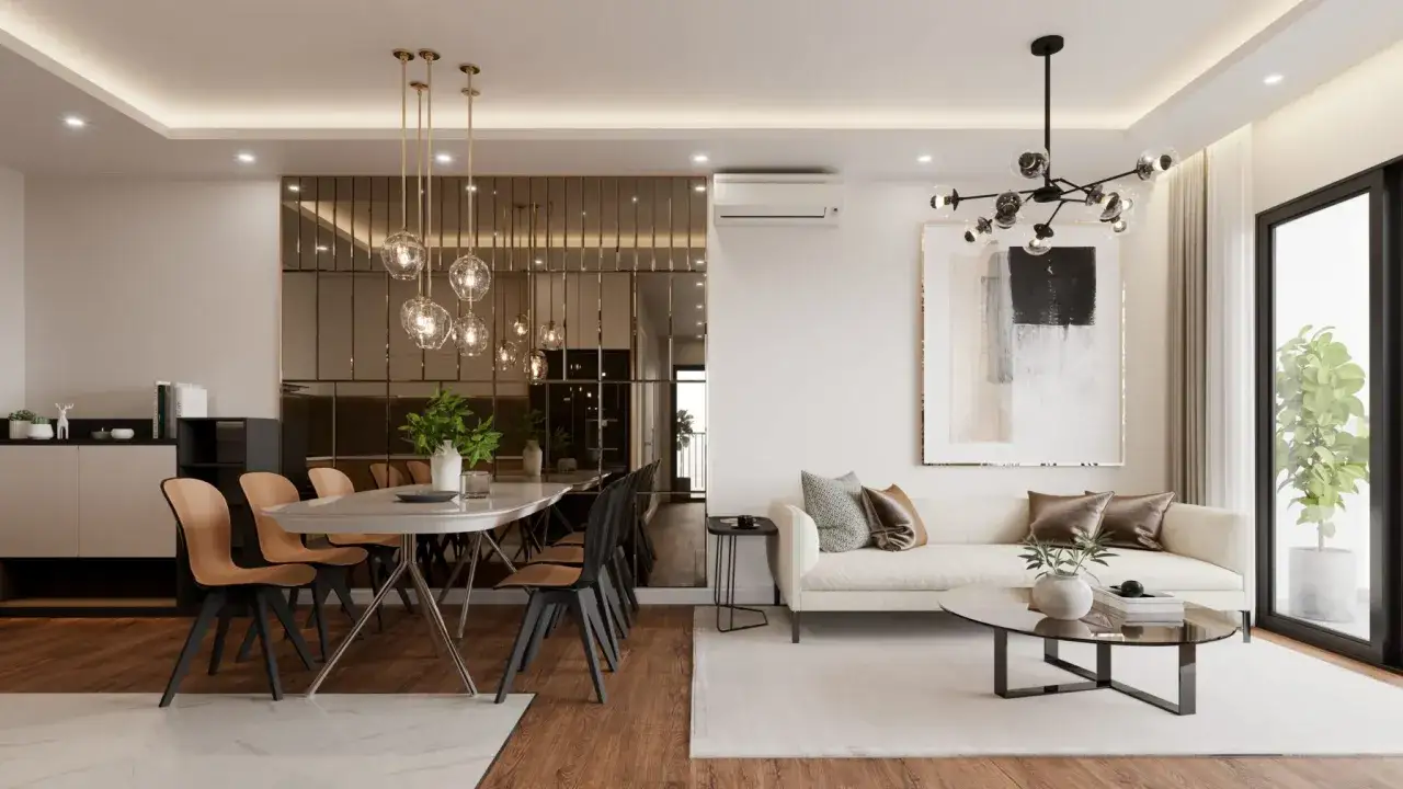 Nowoczesny salon z jadalnią, gdzie każdy detal, od oświetlenia po meble, świadczy o pracy utalentowanego architekta.
