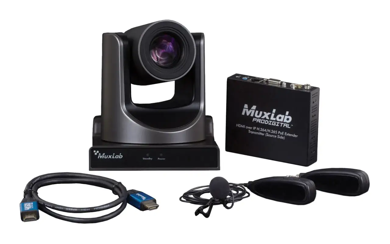 PTZ camera, HDMI extender, and microphones for RTMP streaming.