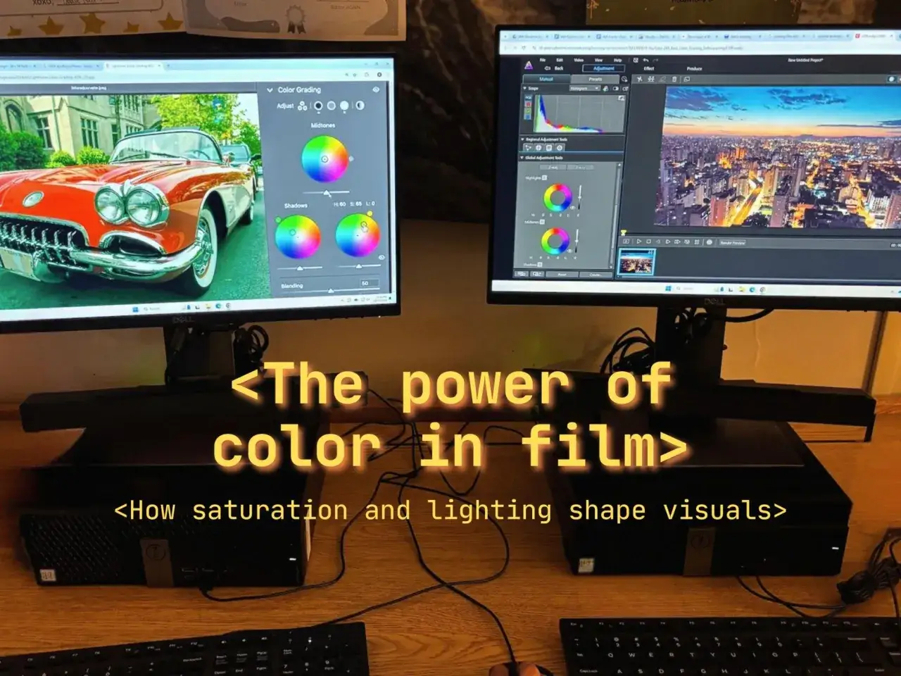 Schermo con software di color grading, un'auto d'epoca rossa e un paesaggio urbano al tramonto. I **colori saturi** trasformano le immagini.