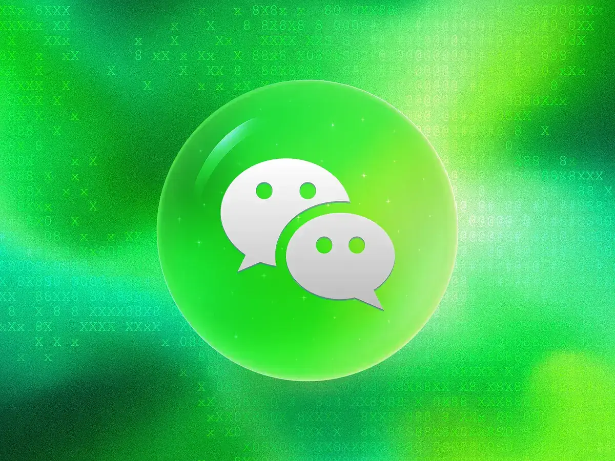 Zielony okrąg z ikoną czatu Wechat na tle cyfrowego kodu.