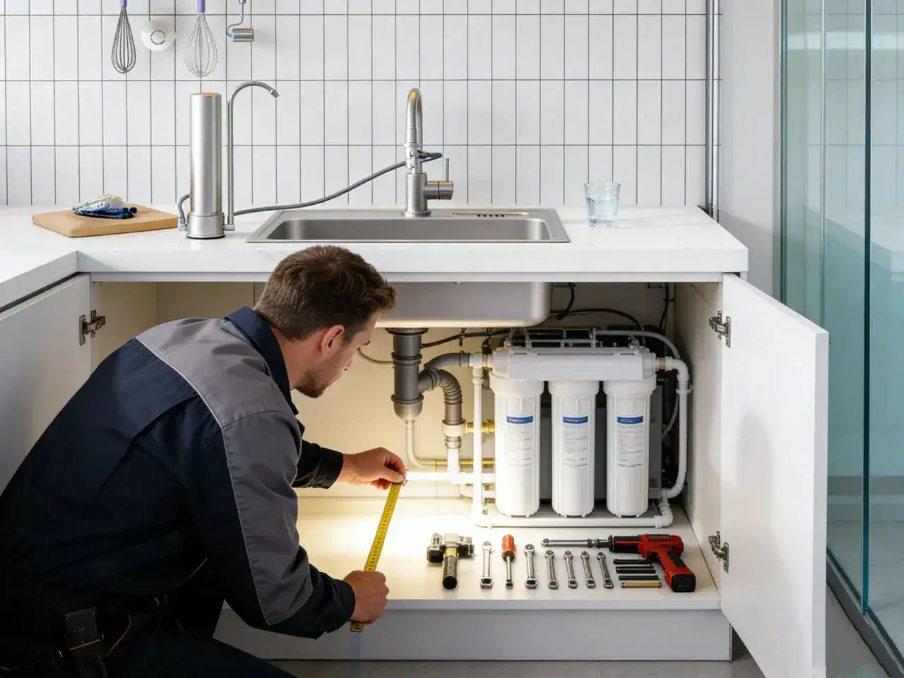 Un technicien mesure pour l'installation d'un filtre &agrave; eau maison sous un &eacute;vier. Outils et syst&egrave;me de filtration visibles.