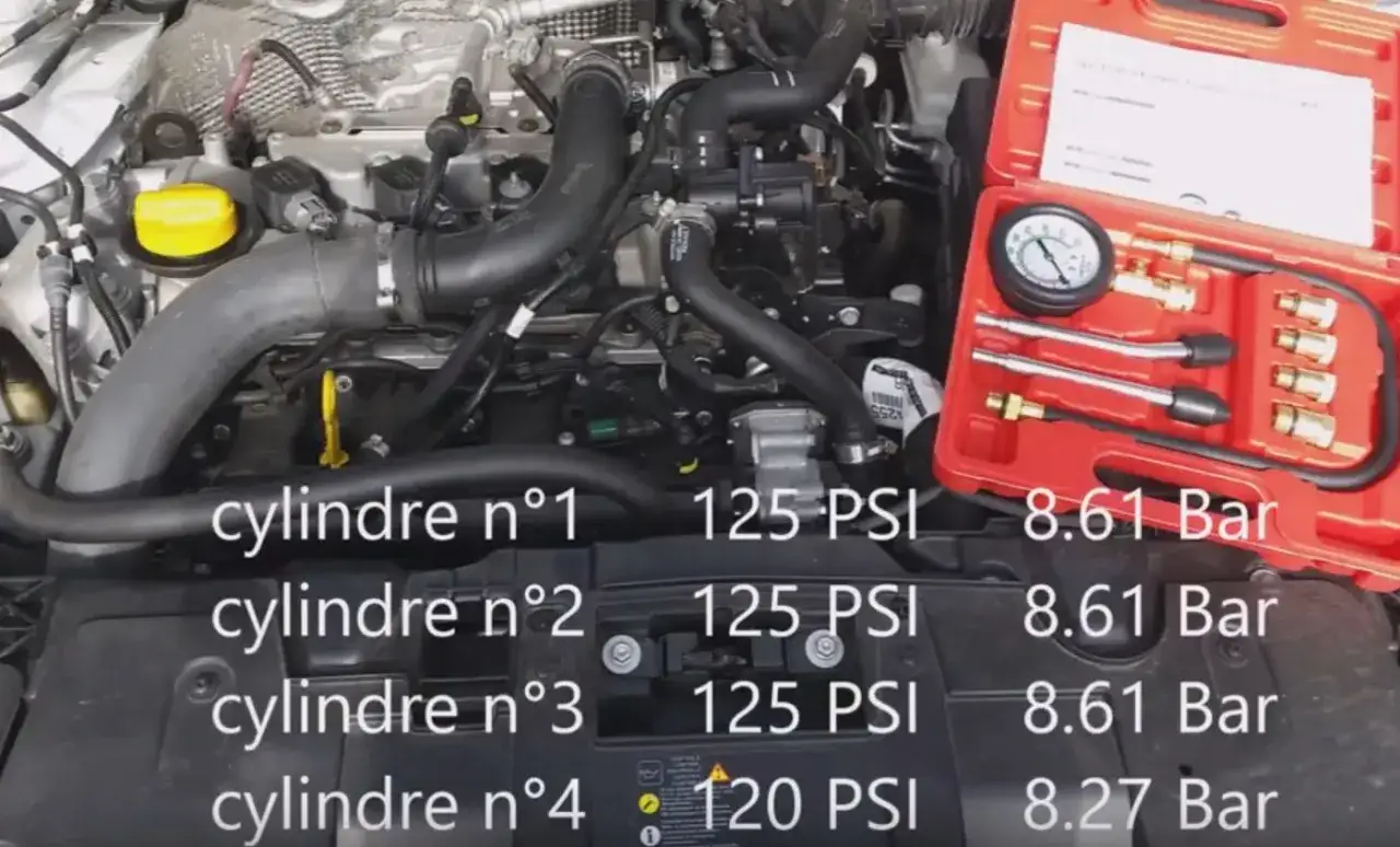 Pomiar ciśnienia sprężania w cylindrach Renault. Wyniki: 125 PSI (8.61 Bar) dla 1-3 cylindra, 120 PSI (8.27 Bar) dla 4.