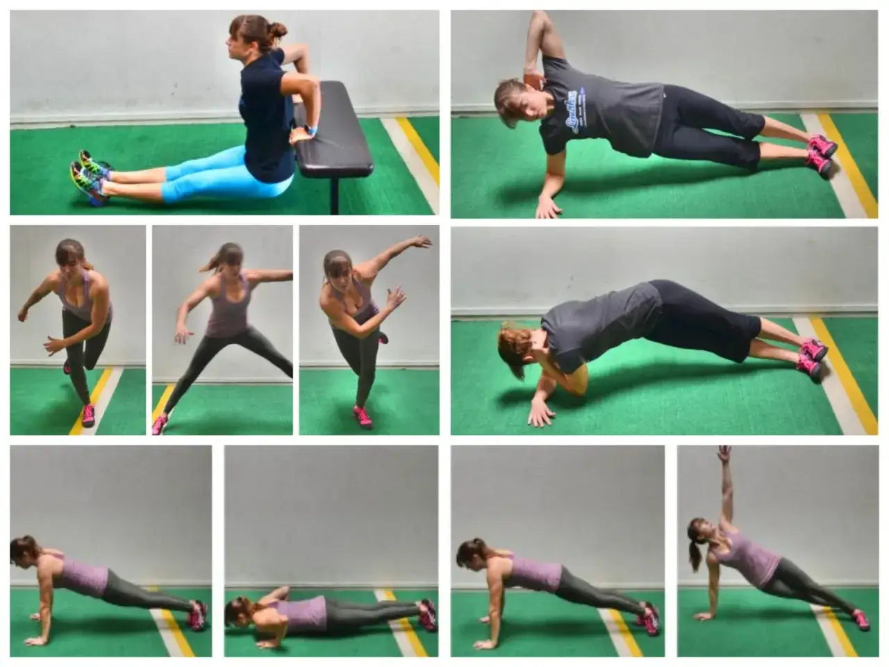 Donna esegue esercizi di forza: piegamenti, plank e affondi. Ogni movimento è mostrato in diverse fasi per illustrare le serie e ripetizioni.